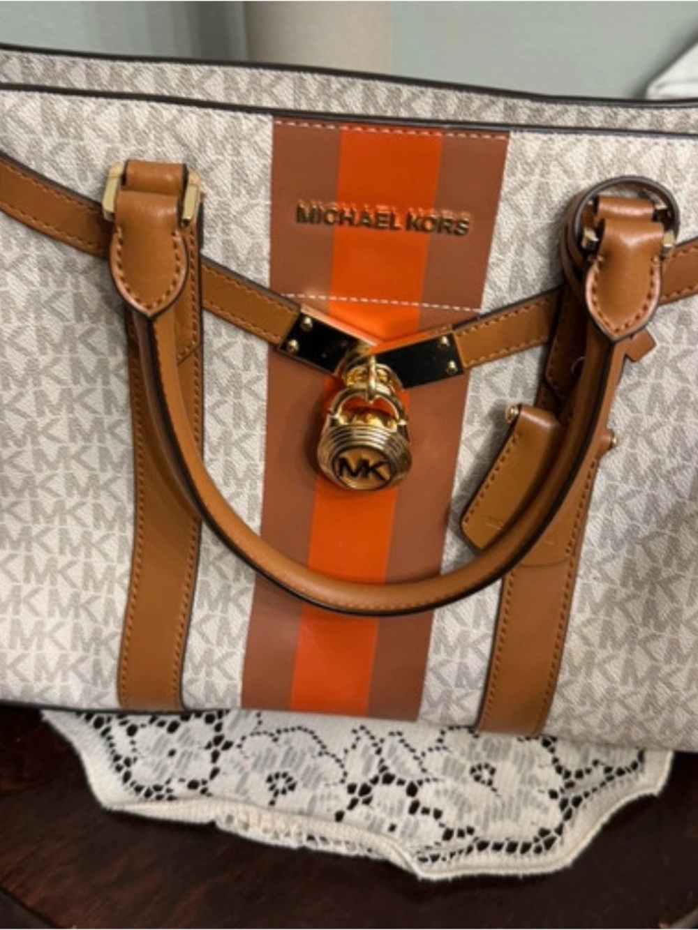 Michael Kors Brown and Orange Large Signature Stripe Tote - Picture 1 of 4